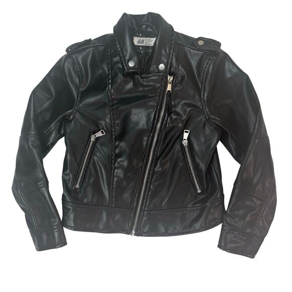 H&M Kids Girls Size 7 Black Faux Leather Moto Biker Jacket MINT - Picture 1 of 6